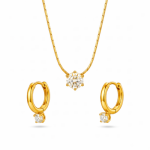 golden tone anti tarnish solitaire pendant necklace with hoop drop earrings set