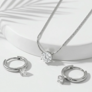 silver tone anti tarnish solitaire pendant necklace with hoop drop earrings set