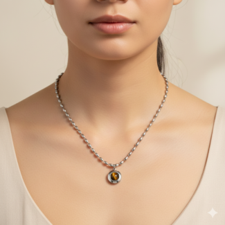 SHAHEEBA 18K Tiger Eye Round Pendant Necklace(Silver)